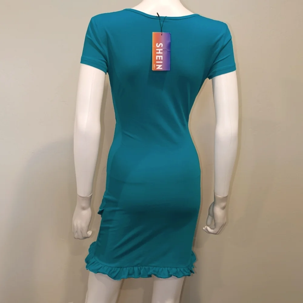 SHEIN Teal Cut Our Front Tie Bust Short Sleeve Ruffle Hem Mini Dress Size Small